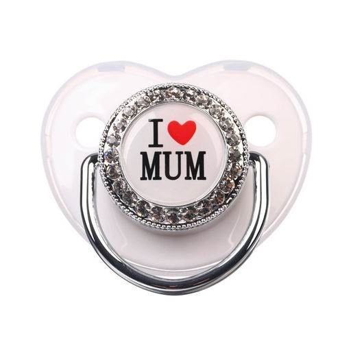 Соска - пустышка силиконовая ортодонтическая M&B «I LOVE MUM», от 6 мес., с колпачком, держатель - цепочка, белый/серебро, стразы