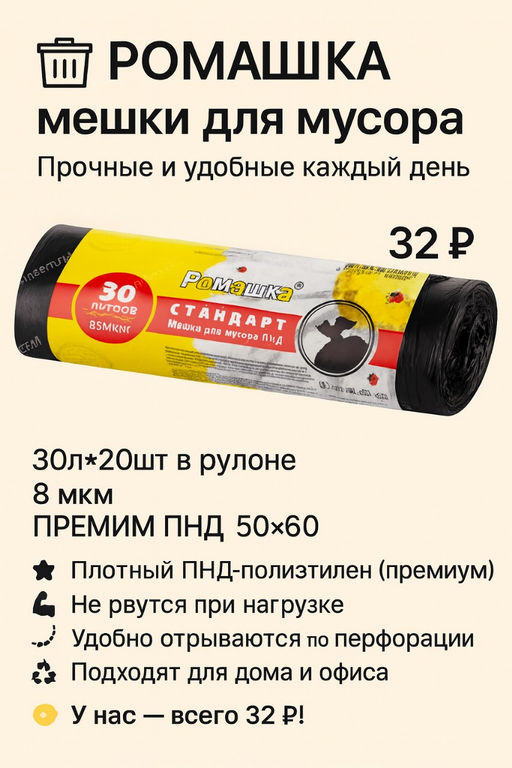 РОМАШКА мешки д/мусора 30л*20шт в рулоне 8мкм ПРЕМИУМ ПНД 50х60 Черные 30-20/40-Э