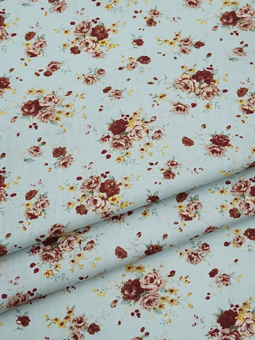 Импорт. хлопок Букеты роз на св.бирюзе, ш.1.48м, хлопок-100%, 105гр/м.кв - Купава фото 2