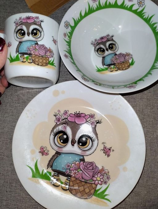 Набор детский 3пр Цветочная сова (тарелка 17,5см, салатник 15см, кружка 230мл)под/уп C640# DANIKS