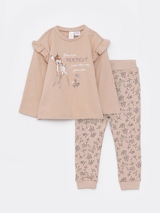 Bisiklet Yaka Uzun Kollu Bambi Bask?l? Organik Pamuklu K?z Bebek Sweatshirt ve Pantolon 2li Tak?m