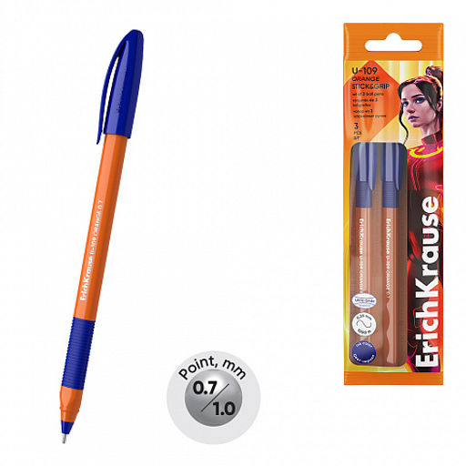 Цена за 50 шт. Ручка шариковая ErichKrause U-109 Stick&Grip Orange 0.7, Ultra Glide Technology, цвет чернил синий (в коробке по 50 шт.)  фото 2