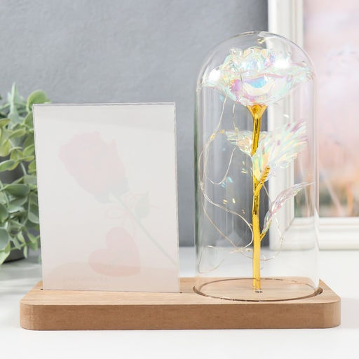 Фоторамка для фото 9×13 см настольная светящаяся «Голография. Роза в колбе», от батареек, 2×LR1130, 9.8×19.5×18 см