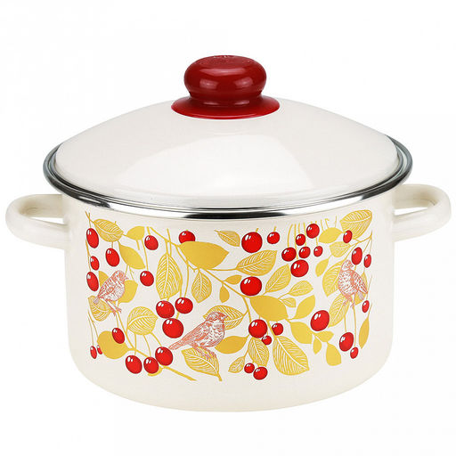 "Птички и вишня" Кастрюля эмалированная 3л, цилиндрическая форма, металлическая крышка, ободок из нержавеющей стали, бисквит (Россия)