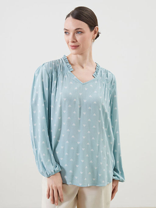 V Yaka Desenli Kad?n Bluz