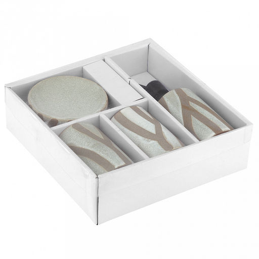 Набор для ванной "Шале" 4 предмета: дозатор для мыла 380мл, д7см, h17см; мыльница д10,4см, h3см; стакан 310мл, д6,8см, h11см - 2шт, фурнитура пластик, керамика шамот, бежево-оливковый, в коробке (Китай)