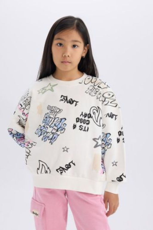 K?z Cocuk Oversize Genis Kal?p Bisiklet Yaka 3D Bask?l? Sweatshirt