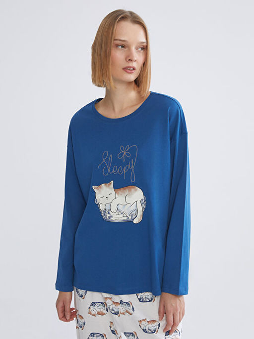 Bisiklet Yaka Kedi Bask?l? Kad?n Pijama Tak?m?