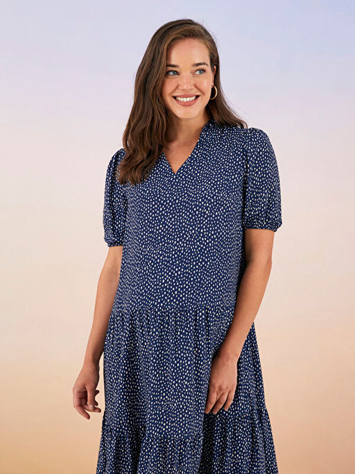 V Yaka Desenli K?sa Kollu Viskon Hamile Elbise