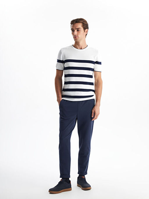 Bisiklet Yaka K?sa Kollu ?izgili Erkek Triko Kazak