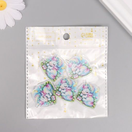 Цена за 5 шт. Декор для творчества акрил «Единорожка в косынке сладко спит на лужайке», 2.9×3×0.2 см