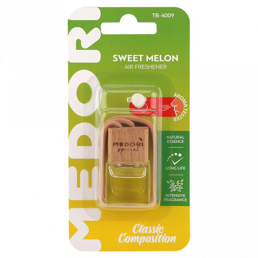 Ароматизатор автомобильный подвесной "Бутылочка" "Sweet Melon " 8х2,5х17,5см, на шнурке, с пробником аромата, в блистере, "Medori" (Россия)