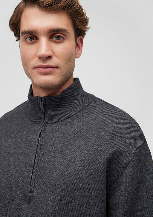 Yar? Fermuarl? Dik Yaka Gri Kazak - Mavi фото 5