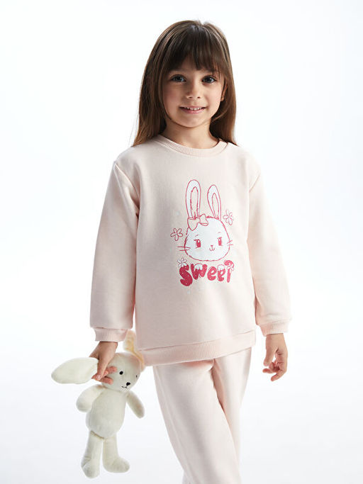 Bisiklet Yaka Uzun Kollu Bask?l? K?z Bebek Sweatshirt ve E?ofman 2li Tak?m