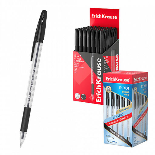 Цена за 50 шт. Ручка шариковая ErichKrause R-301 Stick&Grip Classic 1.0, цвет чернил красный (в коробке по 50 шт.)