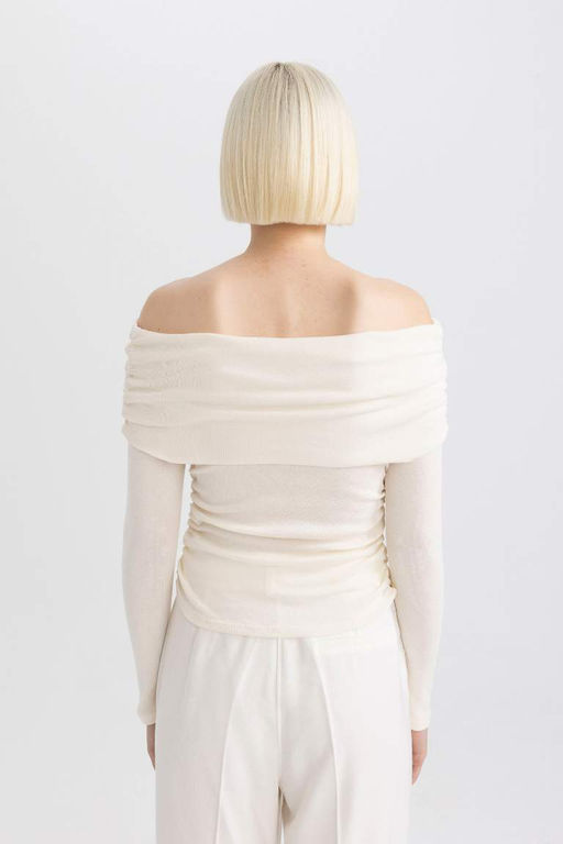 Облегающая повседневная футболка с открытыми плечами в рубчик с длинными рукавами - Defacto фото 5