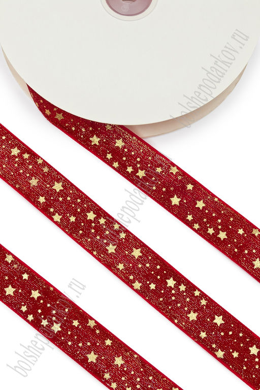 Лента бархатная 2,5 см*20 ярд "Звёздочки" с декоративным покрытием и люрексом (SF-7610) красный №43