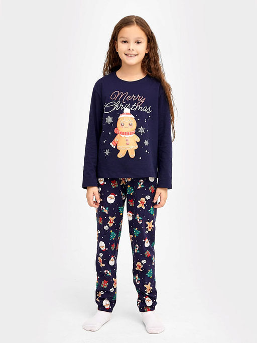 Комплект для девочек (джемпер, брюки) синий с принтом в виде новогодних печенек - Mark formelle фото 2