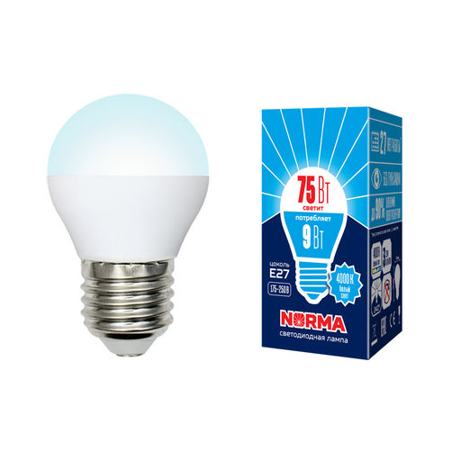 LED-G45-9W/NW/E27/FR/NR Лампа светодиодная. Форма "шар", матовая. Серия Norma. Белый свет (4000K). Картон. ТМ Volpe