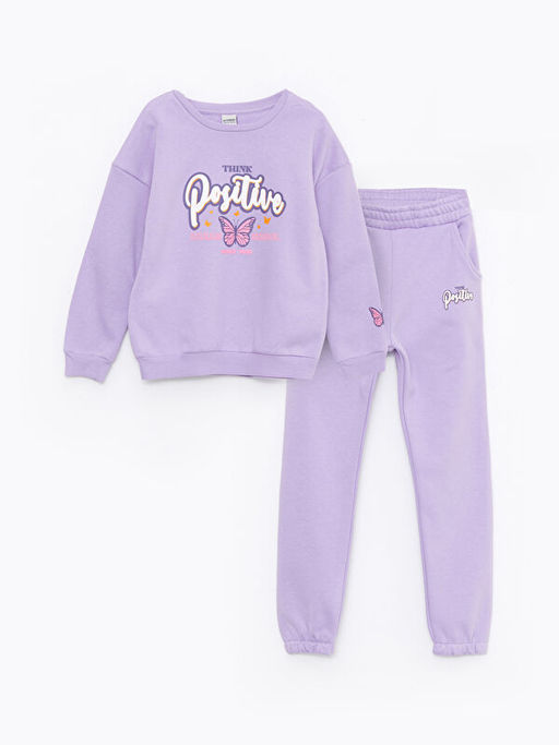 Bisiklet Yaka Bask?l? Uzun Kollu K?z ?ocuk Sweatshirt ve E?ofman Alt?