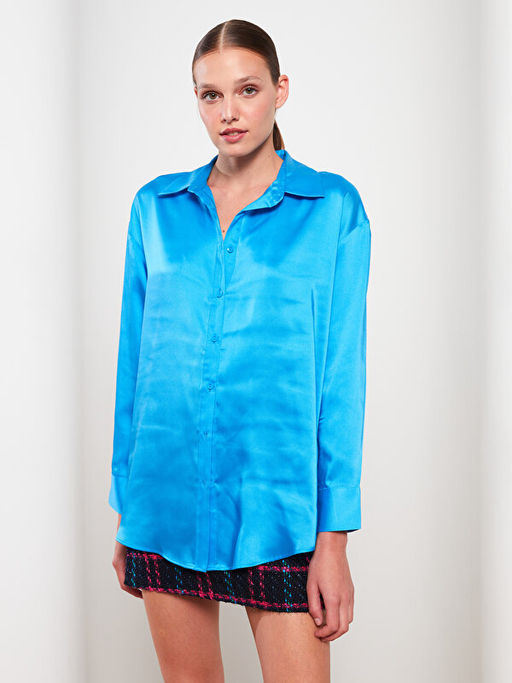 ?nden D??me Kapamal? D?z Uzun Kollu Saten Kad?n G?mlek