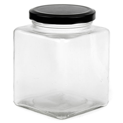 Банка стеклянная с винтовой крышкой Кубик 0,52л, h11см, цветная, металлическая крышка, диаметр горла - 5,8см, основания - 8х8см (Китай)