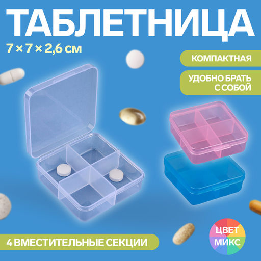Цена за 3 шт. Таблетница, 4 секции, 7×6.7×2.4 см, прозрачная