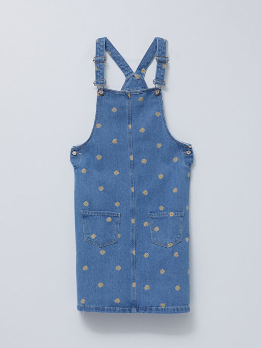 Kare Yaka Bask?l? Ask?l? K?z ?ocuk Jean Salopet Elbise