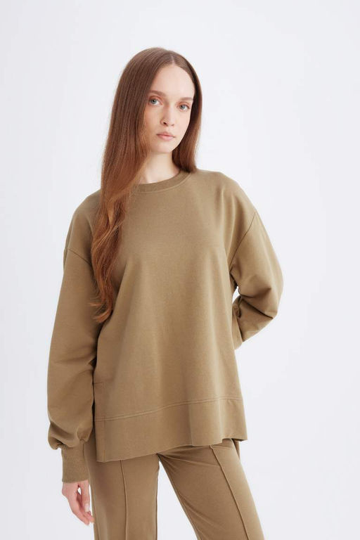 Базовый однотонный свитшот-туника с круглым вырезом стандартного кроя - Defacto фото 3