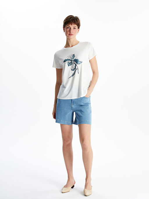 Bisiklet Yaka ?i?ekli Kad?n Ti??rt