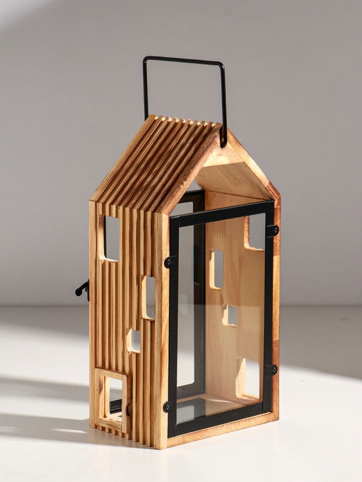 Подсвечник дерево "Дом с панорамным окном" набор 2 шт 10х15х28,5 15х20х36 см