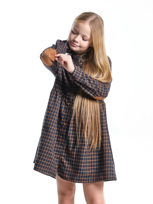 Платье для девочки в клетку с заплатками на рукавах UD 7863 син-горчица клетка - Mini maxi фото 2