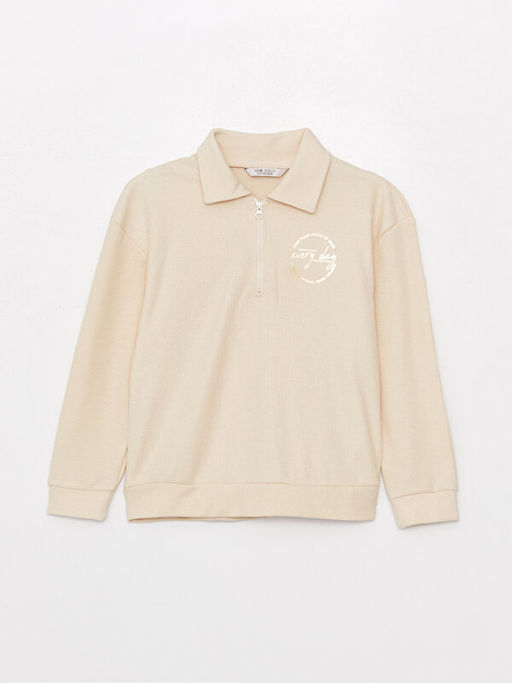 Polo Yaka Bask?l? Uzun Kollu K?z ?ocuk Sweatshirt - Waikiki фото 3