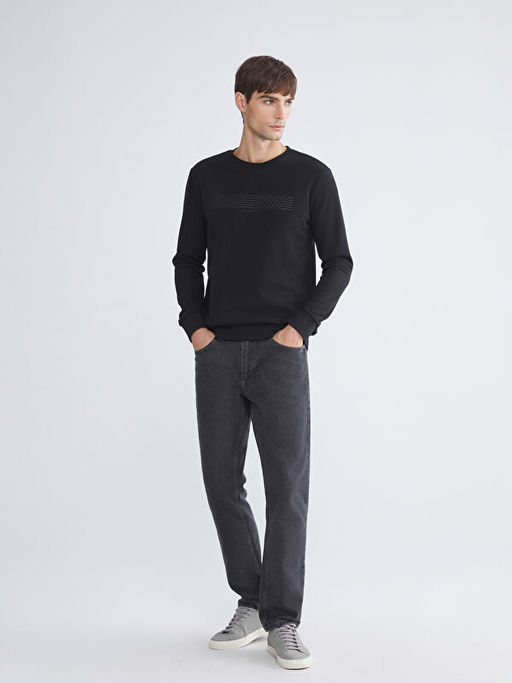 Bisiklet Yaka Bask?l? Erkek Kal?n Sweatshirt