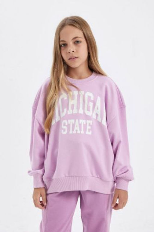 K?z Cocuk Relax Fit Bisiklet Yaka Bask?l? Sweatshirt