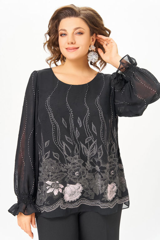 Блуза Swallow 803.4 Чёрный, принт нежно- розовые цветы