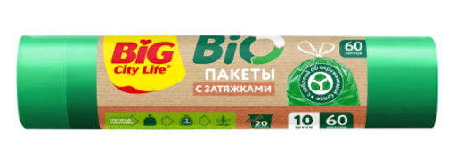 BIG CITY пакеты д/мусора 60л*10шт с затяжками HD 60*64см зеленые 15 мкм