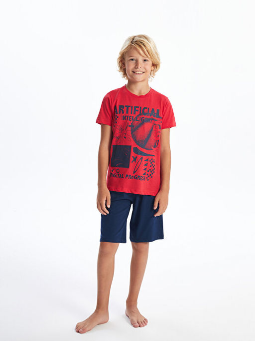 Bisiklet Yaka Bask?l? K?sa Kollu Erkek ?ocuk ?ortlu Pijama Tak?m?