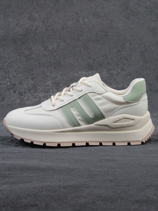 03-WG040-1M MILK/GREEN Кроссовки демисезонные женские (натуральная кожа)