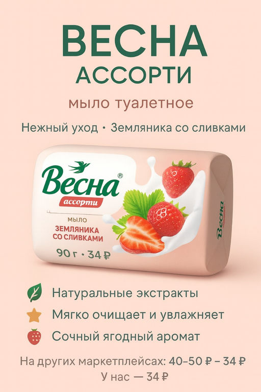 ВЕСНА АССОРТИ мыло туалет.в/об. 90гр Земляника со сливками