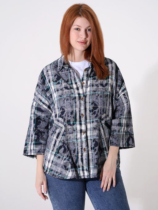 Женская рубашка в клетку больших размеров - Almond фото 2