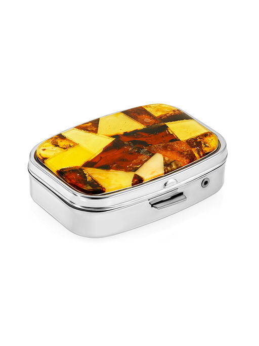 Шкатулка-органайзер для таблеток на два отделения, украшенная янтарной мозаикой