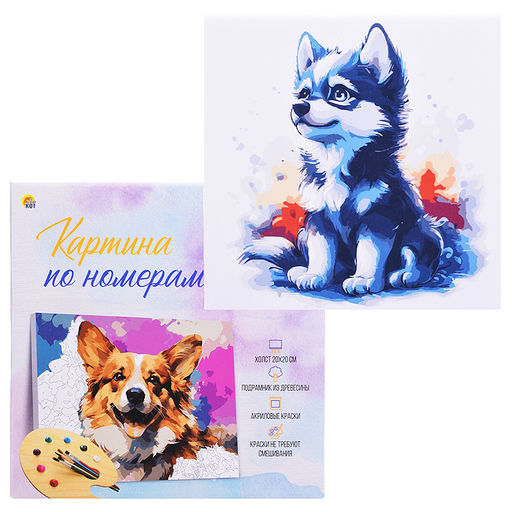 Холст с красками 20х20 по номерам "Красочный малыш хаски" в коробке (16цв.)