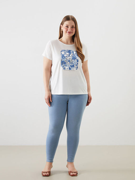 Bisiklet Yaka Bask?l? Kad?n Ti??rt