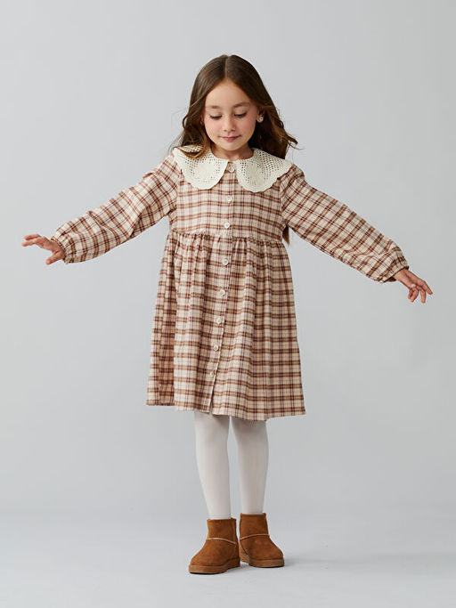 Bebe Yaka Ekose Desen Flanel K?z ?ocuk Elbise