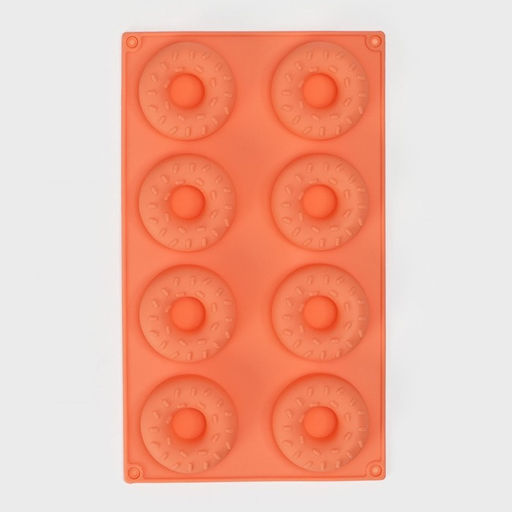 Форма для выпечки Доляна «Сладости.Пончики с кунжутом», силикон, 28.5×17 см, 8 ячеек (d=6.3 см), оранжевая