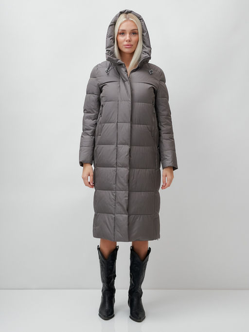 Пальто утепленное стеганное зимнее с капюшоном женское темно-серого цвета 9606TC