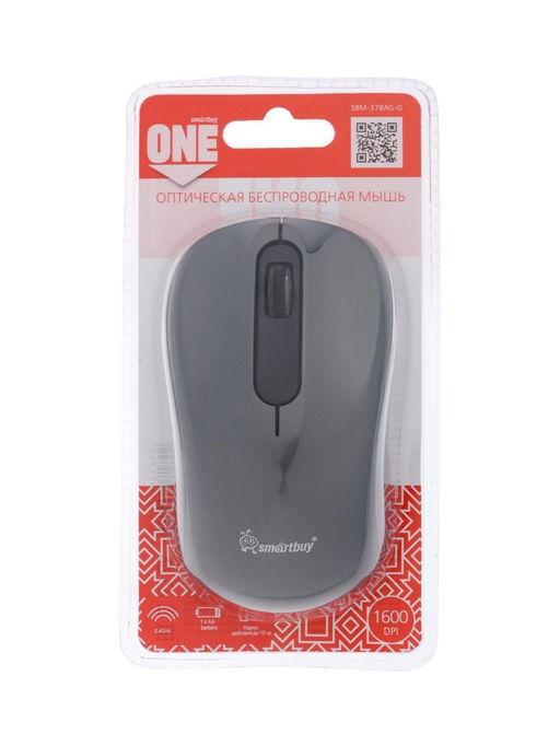 Мышь Smartbuy ONE 378, беспроводная, 3 кнопки, 1600 dpi, USB, 1хАА, серая