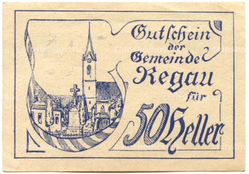 Банкнота 50 геллеров 1920 года Австрия Регау (нотгельд)