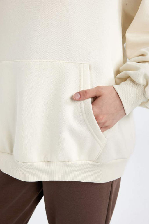 Женская толстая базовая однотонная толстая толстая базовая толстовка с капюшоном и карманом-кенгуру оверсайз широкого кроя - Defacto фото 6